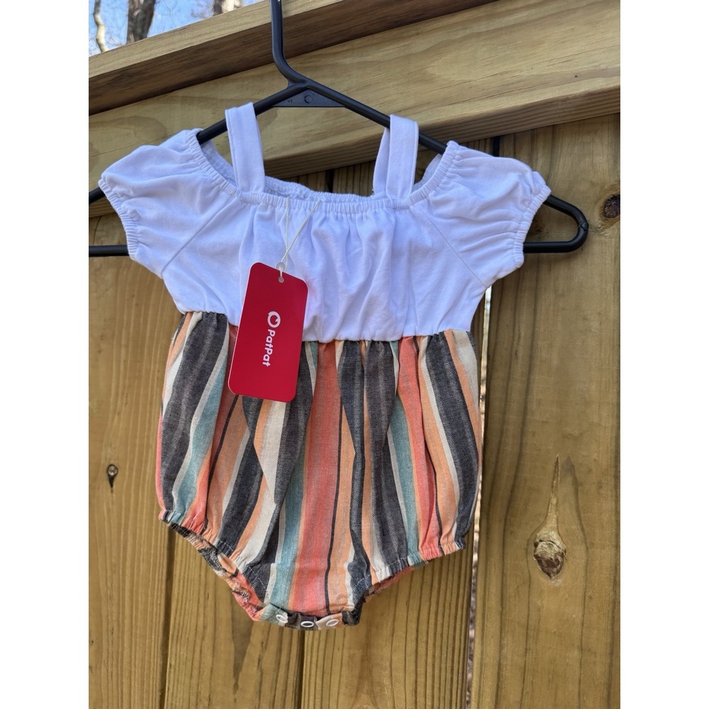Baby Girl Cotton Cold Shoulder Puff-sleeve Spliced‎ Striped Romper 3 - 6 Months
